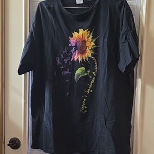 Black T-Shirt with Sunflower and Awareness Ribbon Design